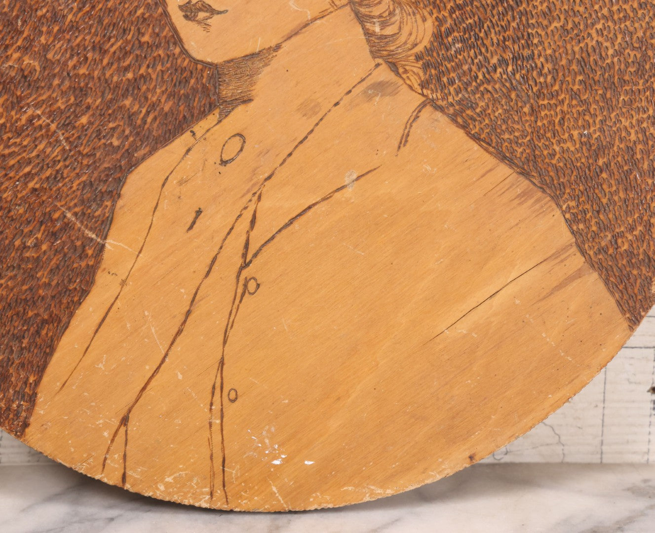 Lot 050 - Antique Pyrography Wood Burned Flemish Art Portrait Of Gibson Girl Style Woman Wearing Hat, Circular Wooden Plaque, 14-3/4" Diameter