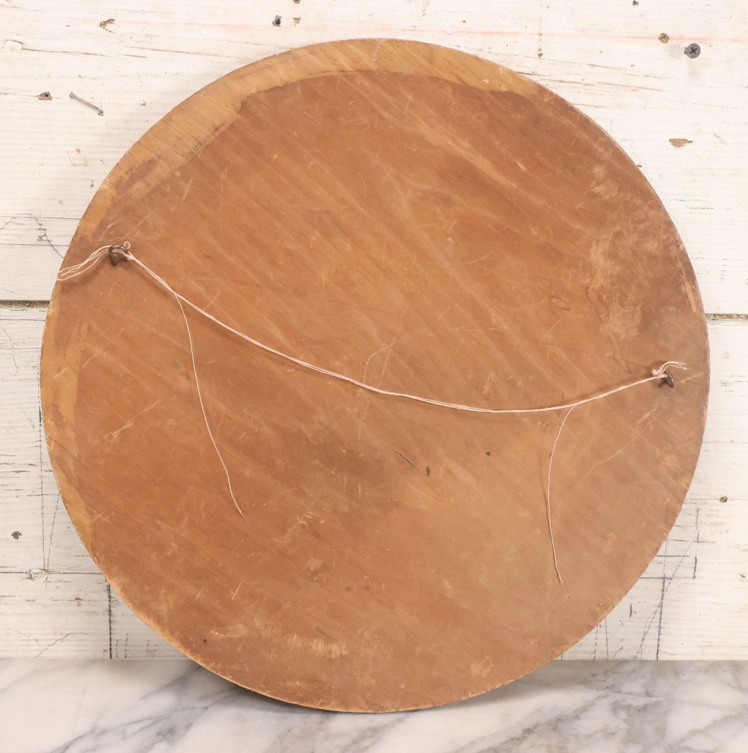 Lot 050 - Antique Pyrography Wood Burned Flemish Art Portrait Of Gibson Girl Style Woman Wearing Hat, Circular Wooden Plaque, 14-3/4" Diameter