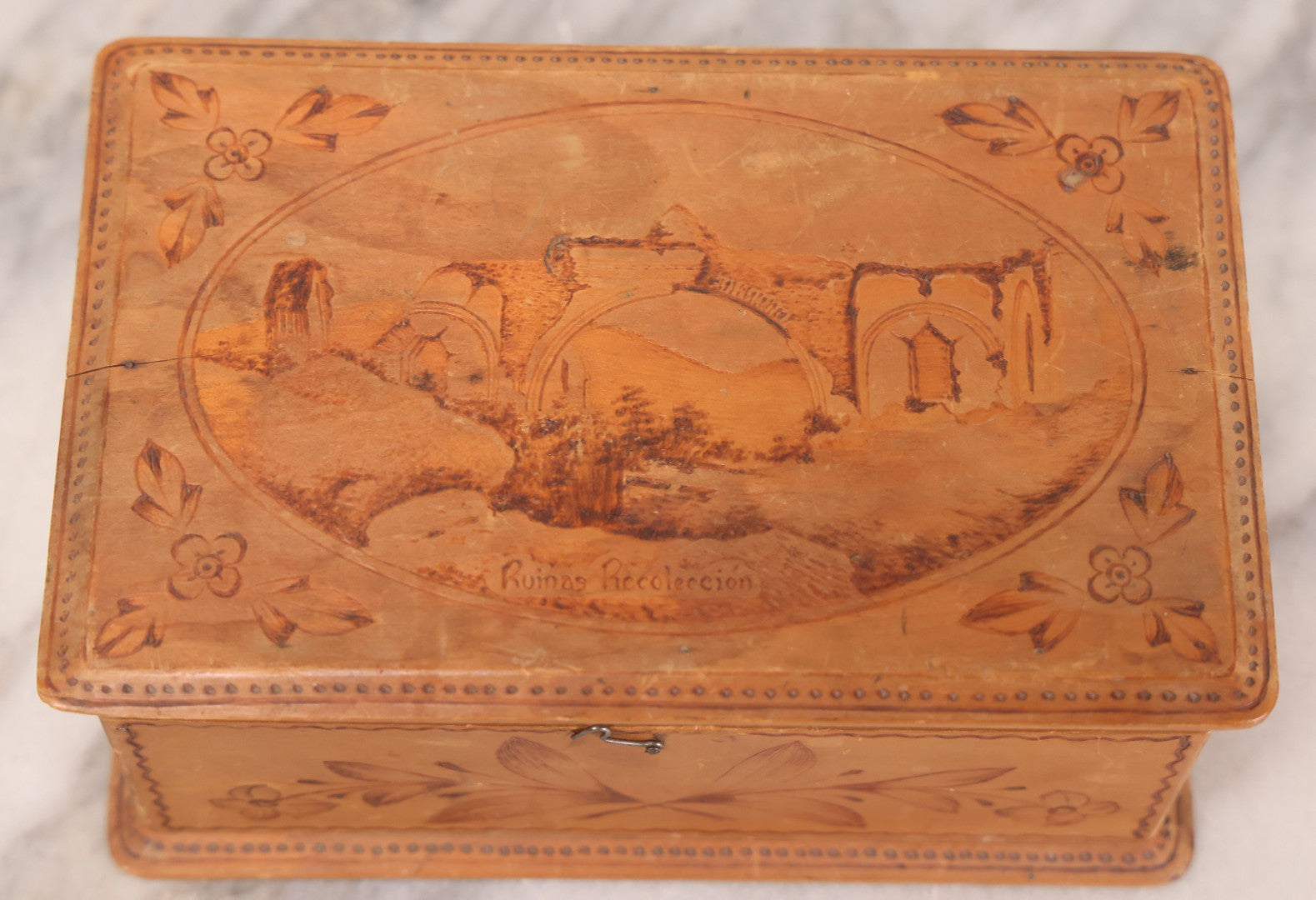 Lot 051 - Vintage Wood Burned Pyrography Keepsake Box With Image Of "Ruinas Recolección" Church Ruins In Antigua Guatemala, Dated July 9, 1939, With Signature And Manufacturers Stamp