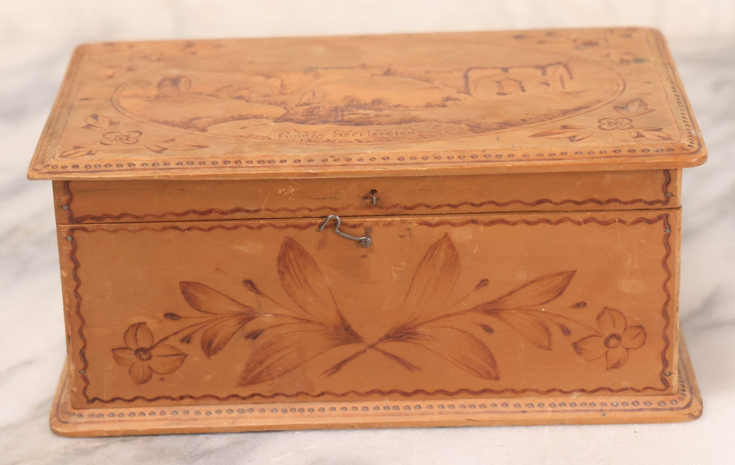 Lot 051 - Vintage Wood Burned Pyrography Keepsake Box With Image Of "Ruinas Recolección" Church Ruins In Antigua Guatemala, Dated July 9, 1939, With Signature And Manufacturers Stamp