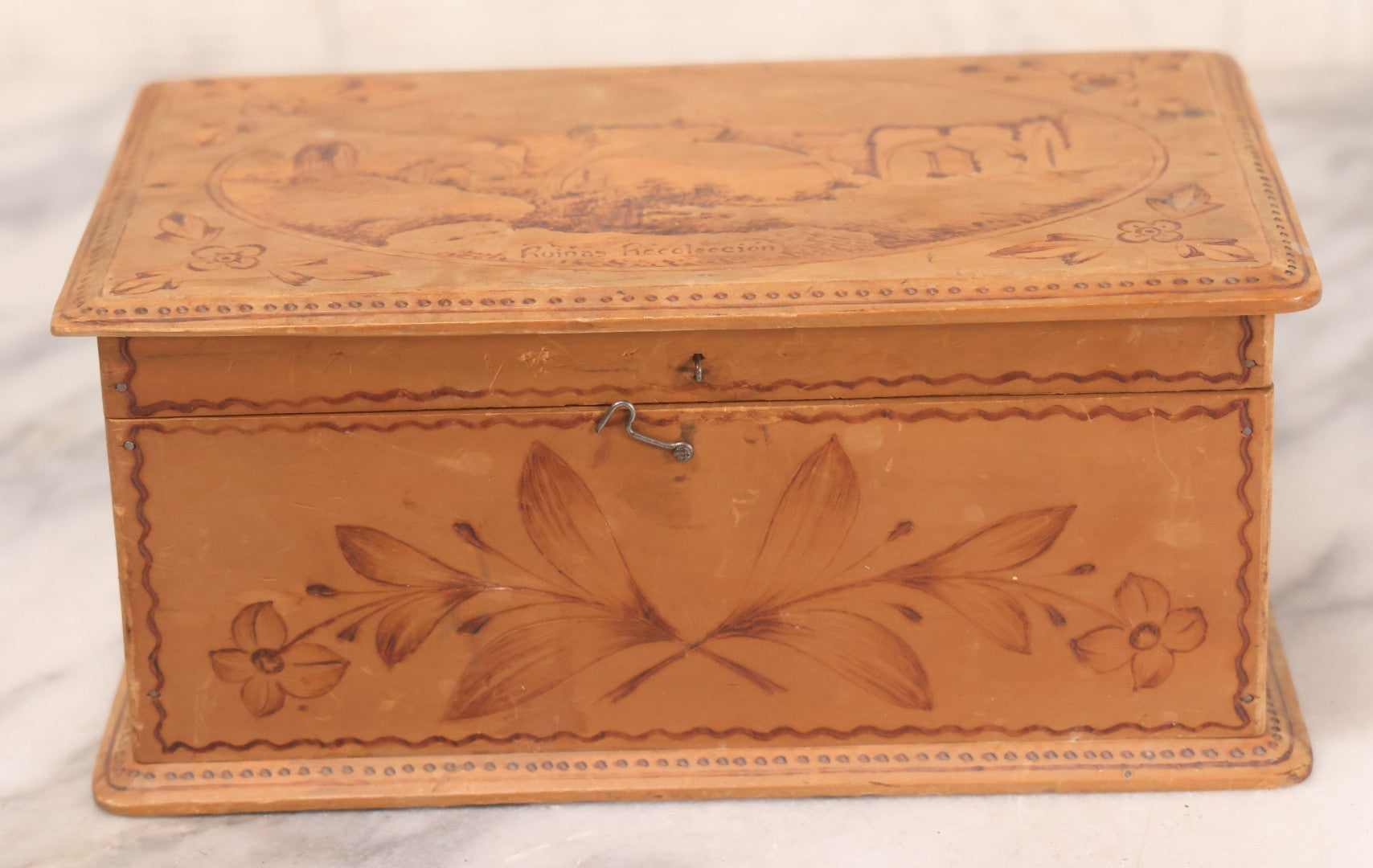Lot 051 - Vintage Wood Burned Pyrography Keepsake Box With Image Of "Ruinas Recolección" Church Ruins In Antigua Guatemala, Dated July 9, 1939, With Signature And Manufacturers Stamp