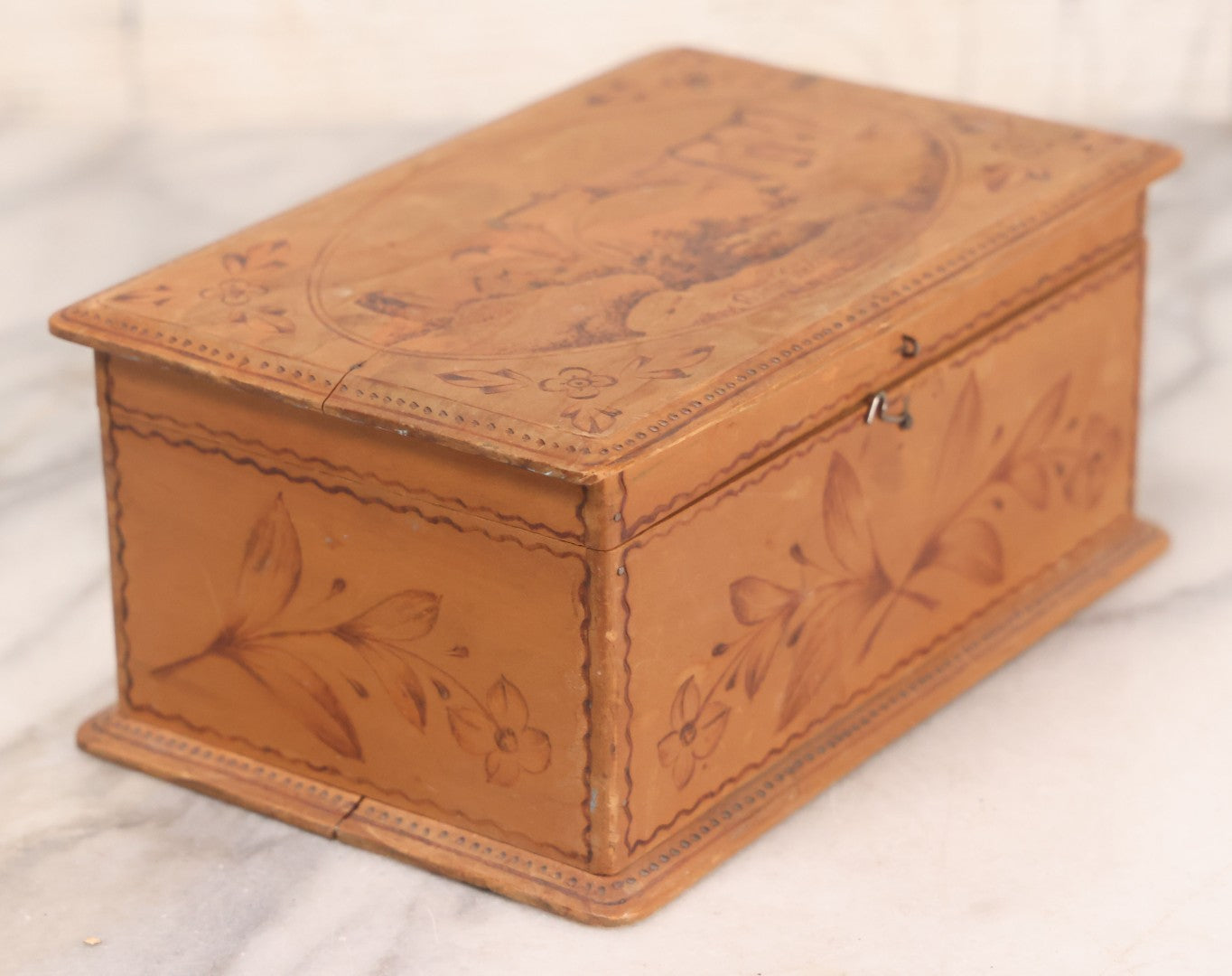 Lot 051 - Vintage Wood Burned Pyrography Keepsake Box With Image Of "Ruinas Recolección" Church Ruins In Antigua Guatemala, Dated July 9, 1939, With Signature And Manufacturers Stamp