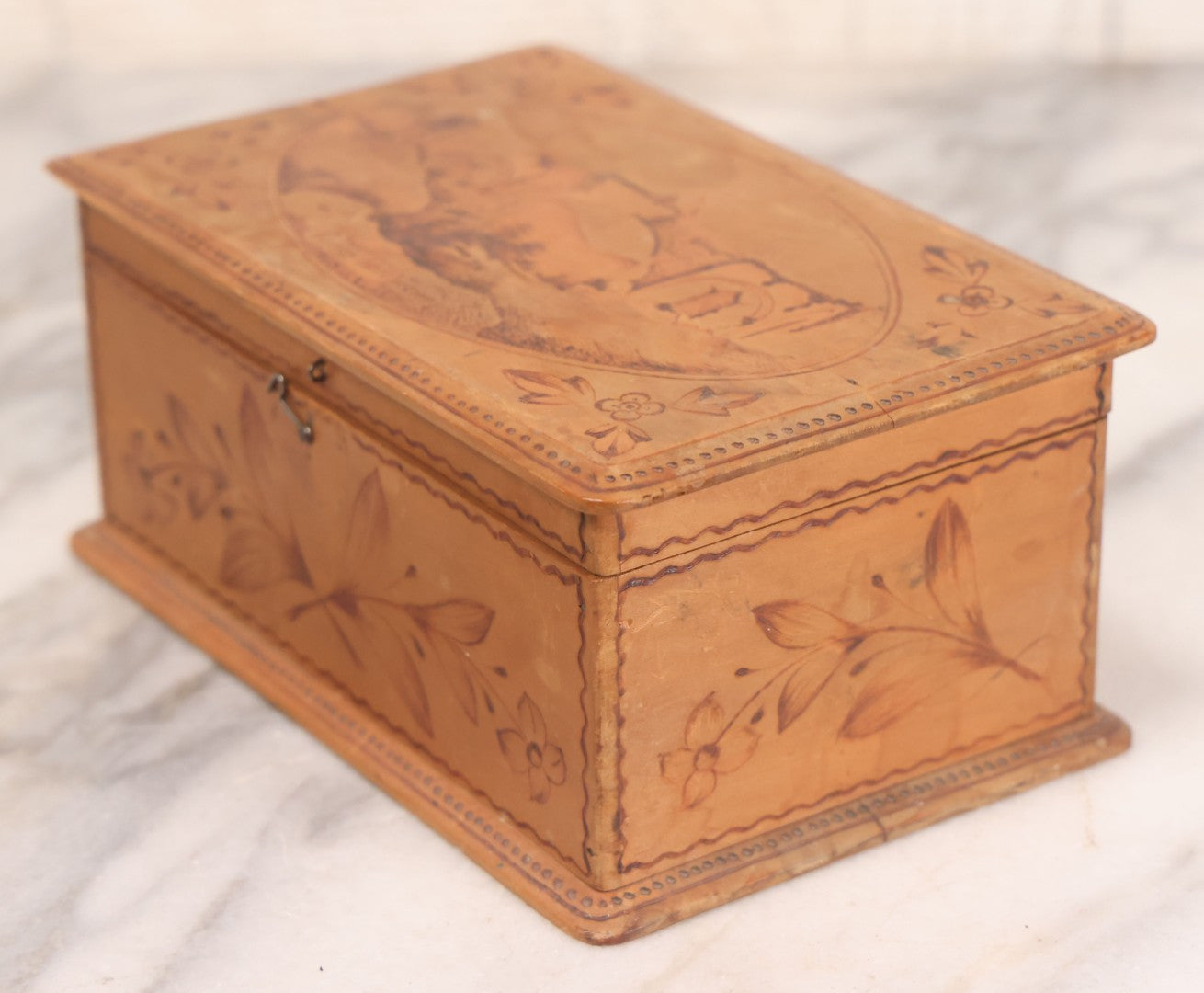 Lot 051 - Vintage Wood Burned Pyrography Keepsake Box With Image Of "Ruinas Recolección" Church Ruins In Antigua Guatemala, Dated July 9, 1939, With Signature And Manufacturers Stamp
