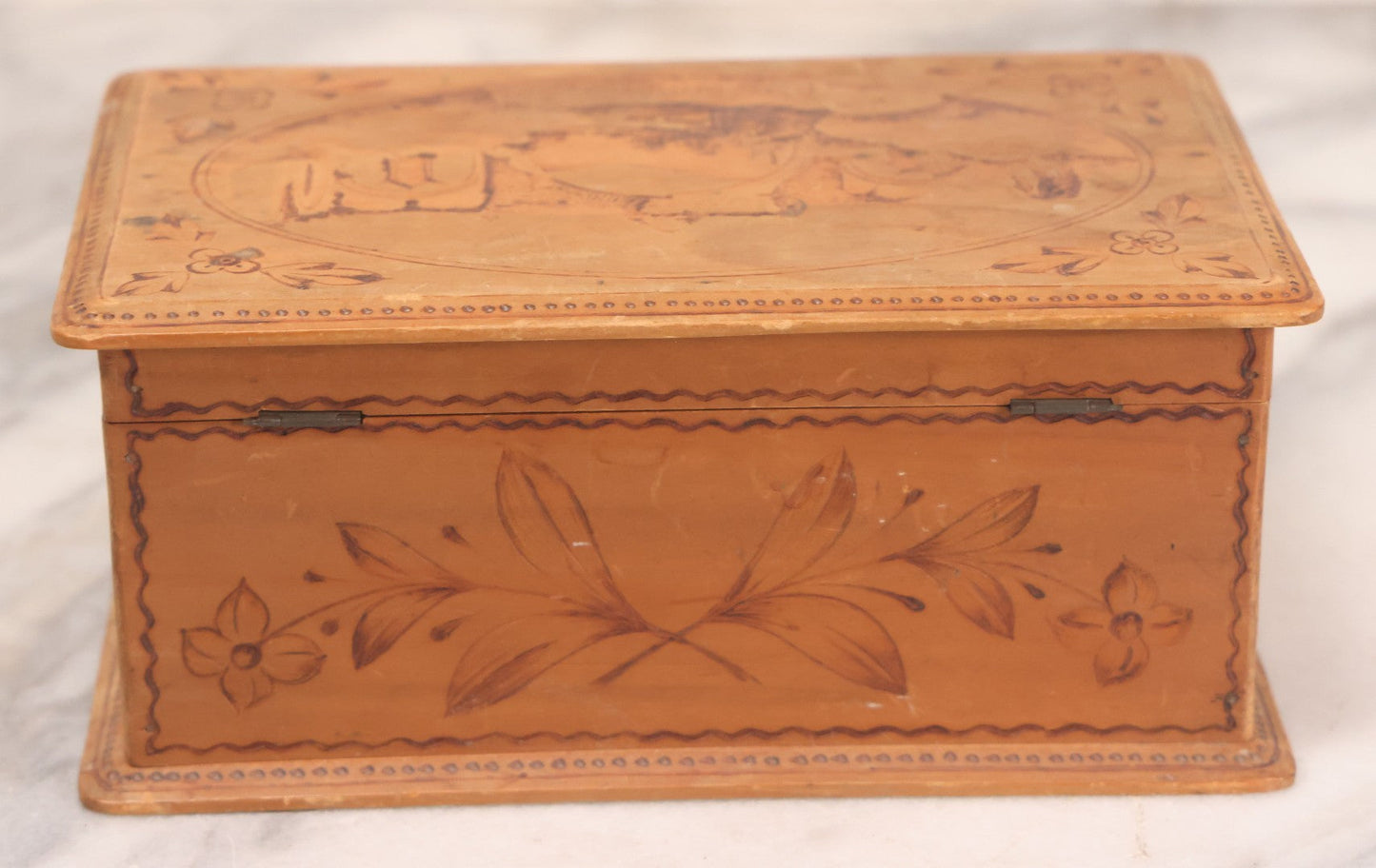 Lot 051 - Vintage Wood Burned Pyrography Keepsake Box With Image Of "Ruinas Recolección" Church Ruins In Antigua Guatemala, Dated July 9, 1939, With Signature And Manufacturers Stamp
