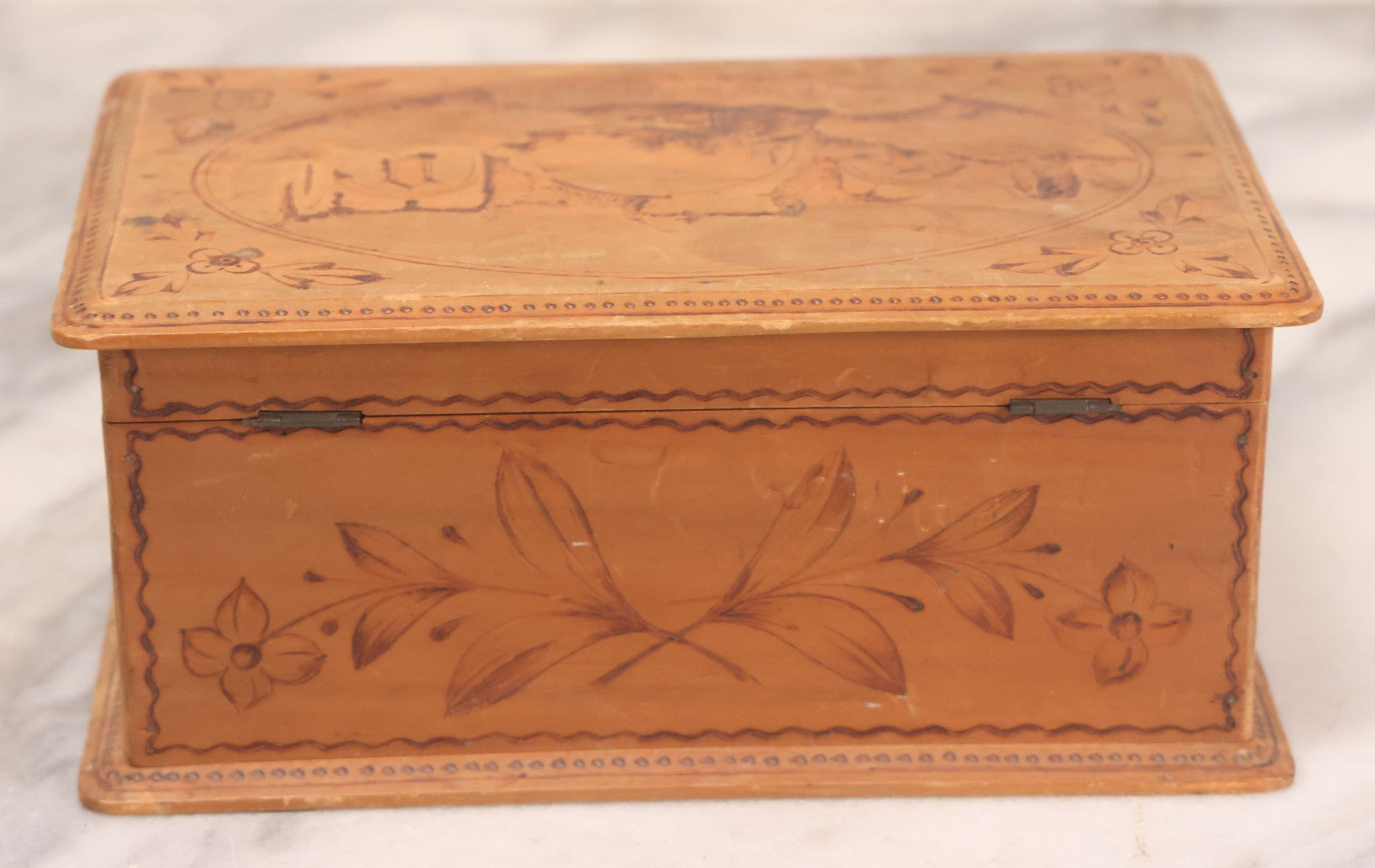 Lot 051 - Vintage Wood Burned Pyrography Keepsake Box With Image Of "Ruinas Recolección" Church Ruins In Antigua Guatemala, Dated July 9, 1939, With Signature And Manufacturers Stamp