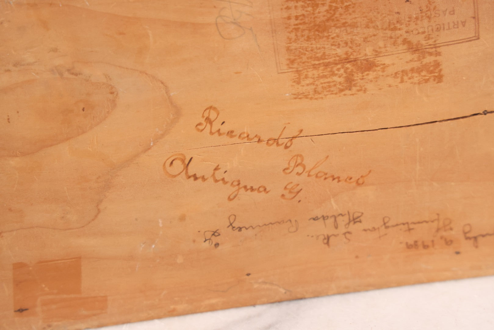 Lot 051 - Vintage Wood Burned Pyrography Keepsake Box With Image Of "Ruinas Recolección" Church Ruins In Antigua Guatemala, Dated July 9, 1939, With Signature And Manufacturers Stamp