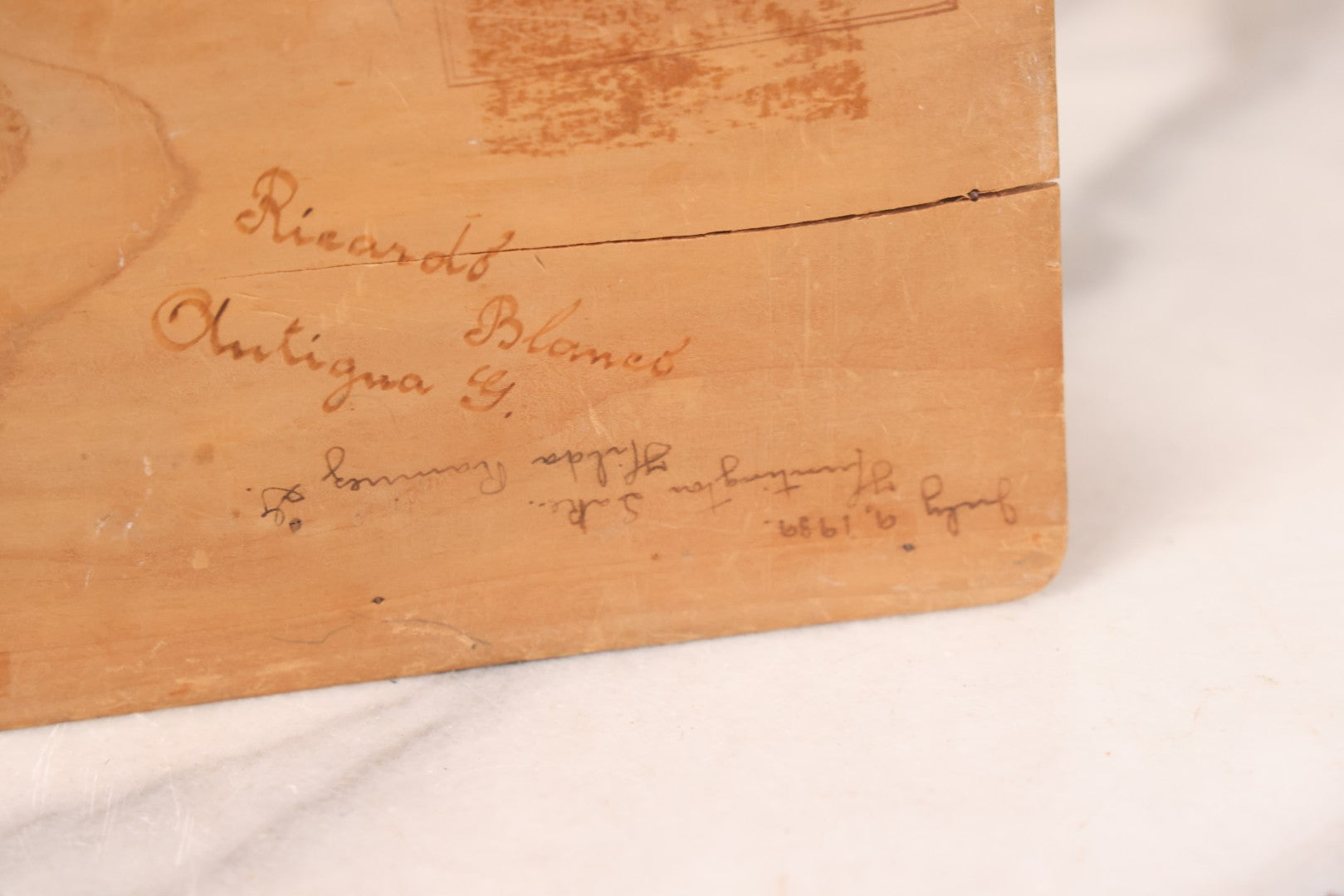 Lot 051 - Vintage Wood Burned Pyrography Keepsake Box With Image Of "Ruinas Recolección" Church Ruins In Antigua Guatemala, Dated July 9, 1939, With Signature And Manufacturers Stamp