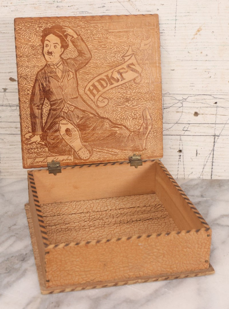 Lot 052 - Vintage Manufactured Pyrography Handkerchief Box With Charlie Chaplin On Interior And Exterior Of Lid, Copyright C.C.A.S. Co.