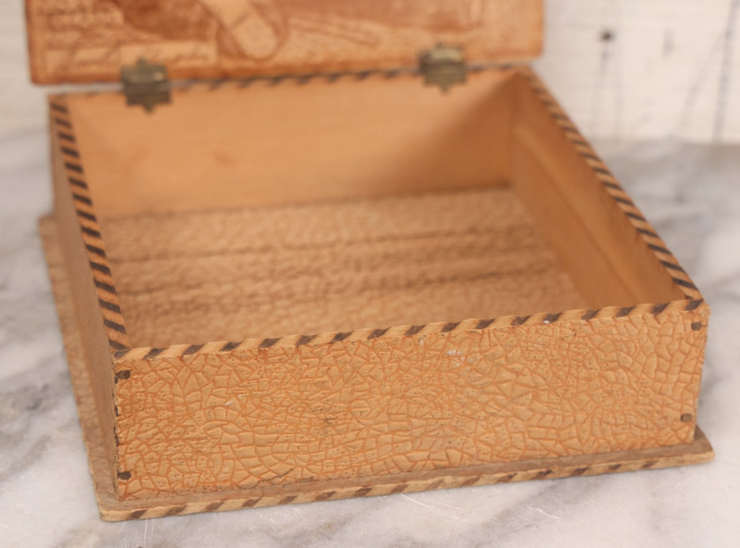 Lot 052 - Vintage Manufactured Pyrography Handkerchief Box With Charlie Chaplin On Interior And Exterior Of Lid, Copyright C.C.A.S. Co.