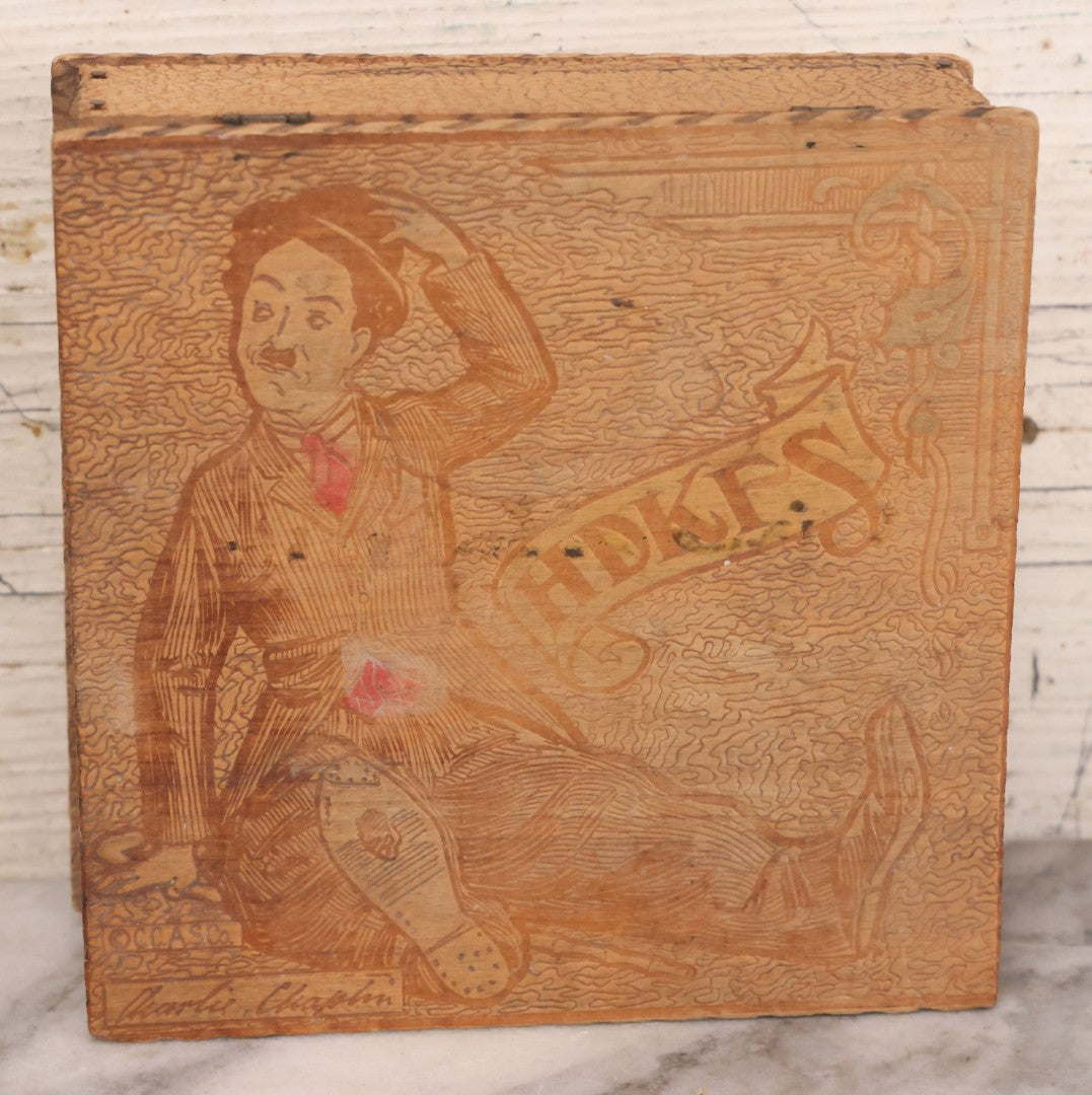 Lot 052 - Vintage Manufactured Pyrography Handkerchief Box With Charlie Chaplin On Interior And Exterior Of Lid, Copyright C.C.A.S. Co.