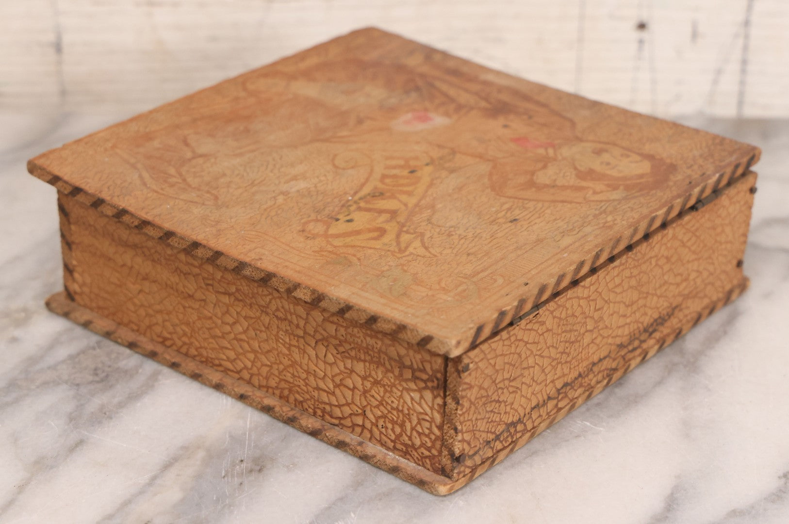 Lot 052 - Vintage Manufactured Pyrography Handkerchief Box With Charlie Chaplin On Interior And Exterior Of Lid, Copyright C.C.A.S. Co.