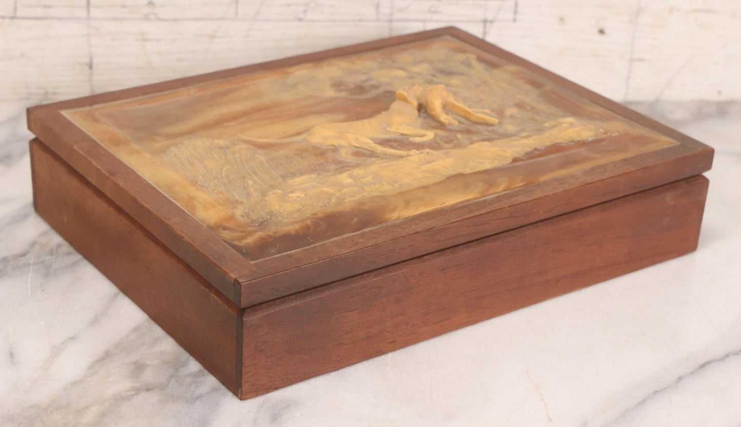 Lot 055 - Vintage Wooden Jewelry Box With High Relief Molded Hunting Dog Scene
