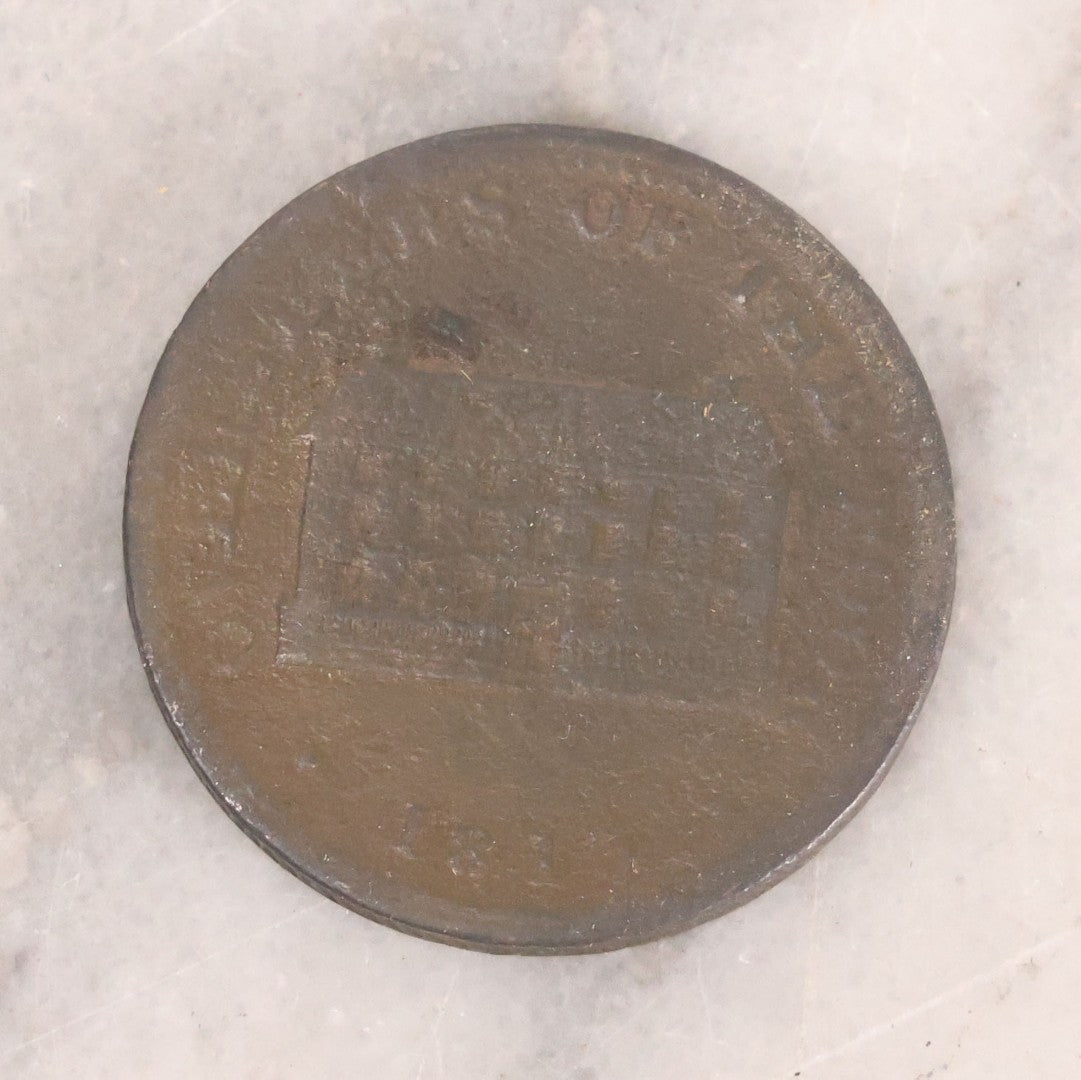 Lot 057 - Antique Sheffield Penny Token Coin "Overseers Of The Poor," Dated 1813, With Image Of Poor House, Original Wear And Patina, 1-3/8" Diameter