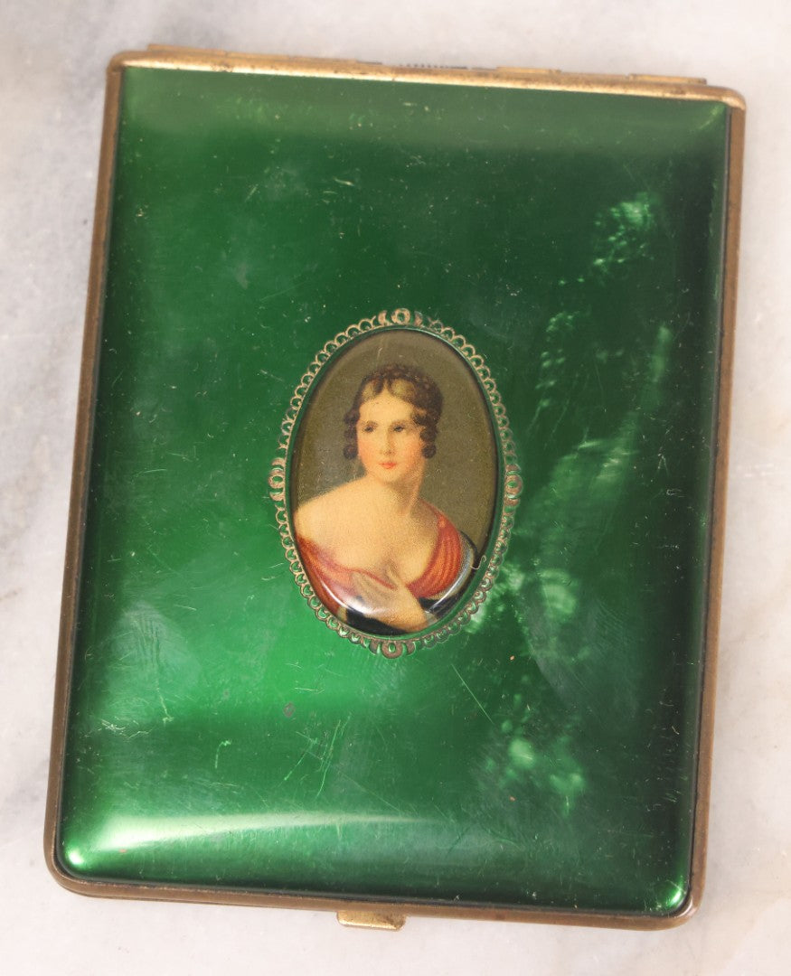 Lot 060 - Vintage Green Enamel Cigarette Case With Cameo Portrait Of Woman, Wood Lined Interior, With Gift Inscription Dated 1935