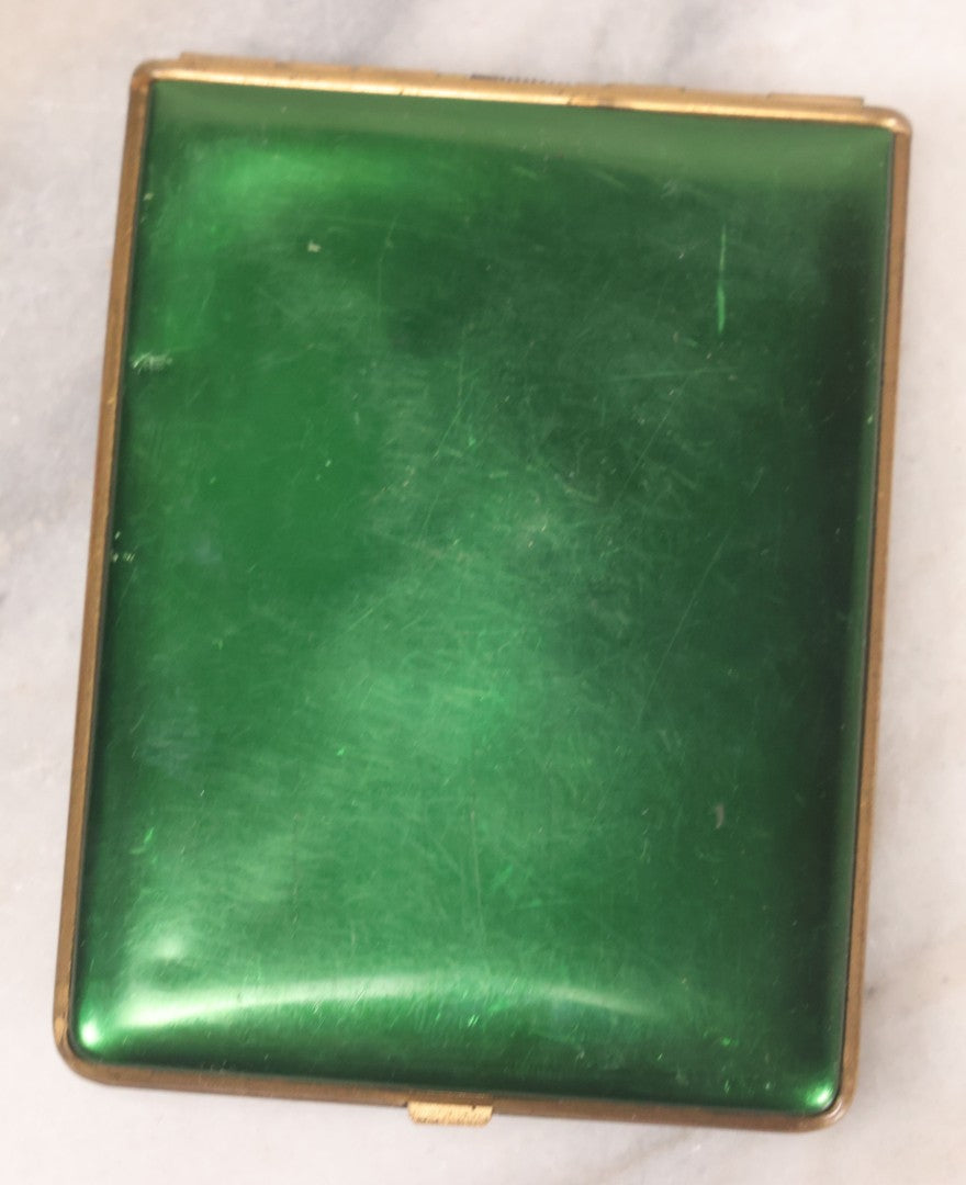 Lot 060 - Vintage Green Enamel Cigarette Case With Cameo Portrait Of Woman, Wood Lined Interior, With Gift Inscription Dated 1935