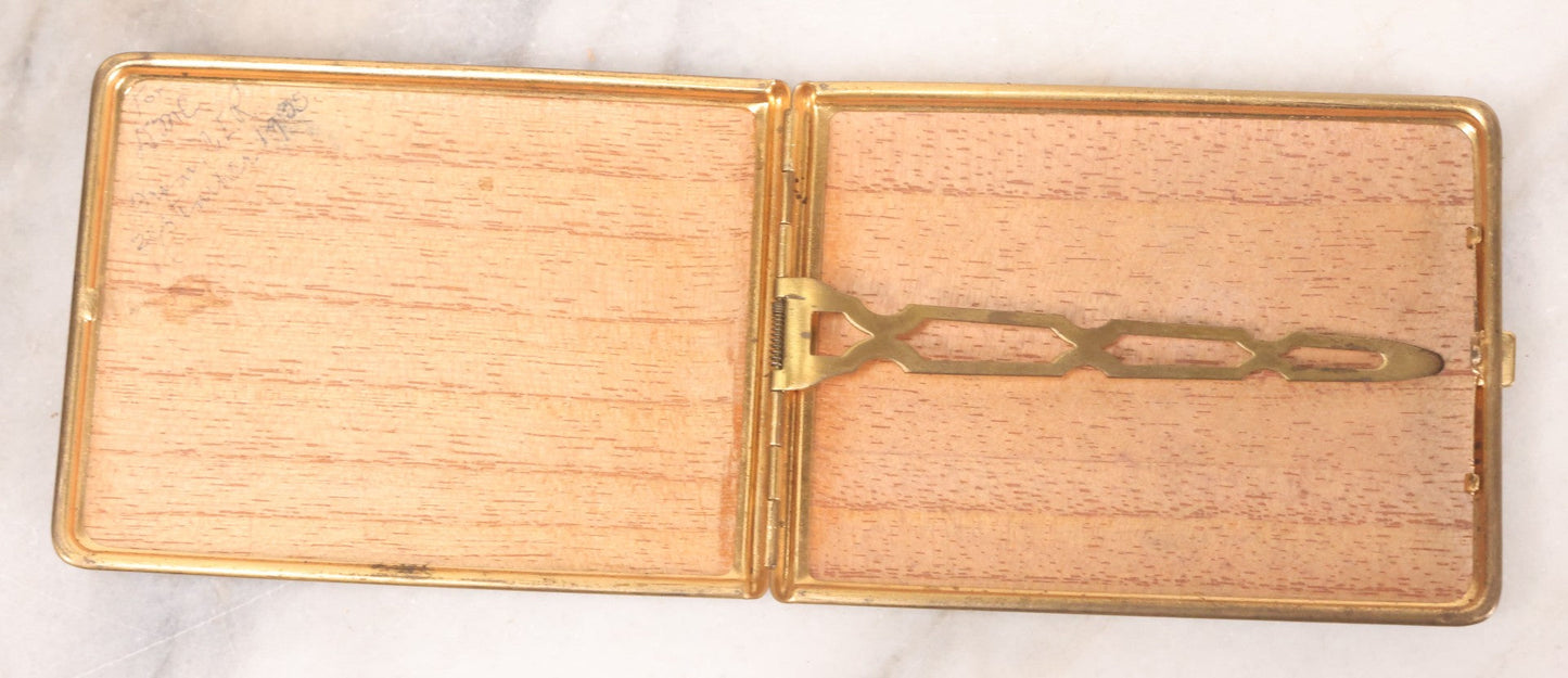 Lot 060 - Vintage Green Enamel Cigarette Case With Cameo Portrait Of Woman, Wood Lined Interior, With Gift Inscription Dated 1935