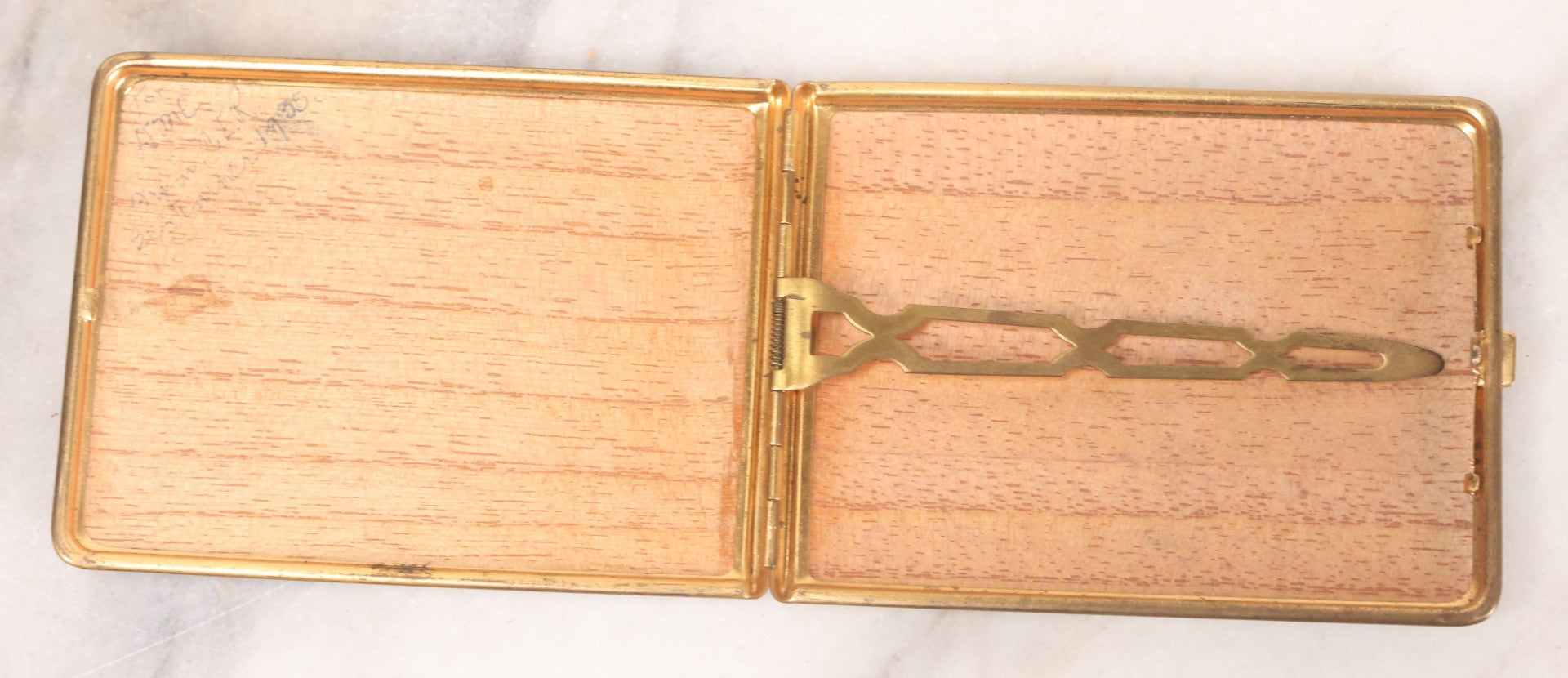 Lot 060 - Vintage Green Enamel Cigarette Case With Cameo Portrait Of Woman, Wood Lined Interior, With Gift Inscription Dated 1935