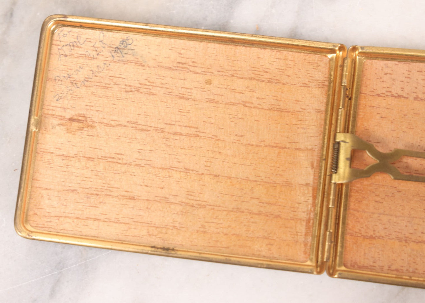 Lot 060 - Vintage Green Enamel Cigarette Case With Cameo Portrait Of Woman, Wood Lined Interior, With Gift Inscription Dated 1935