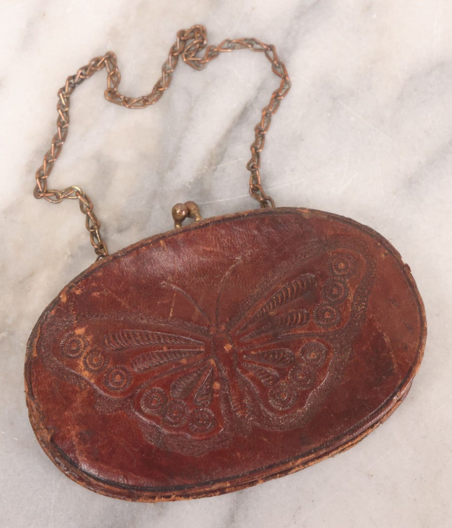 Lot 061 - Vintage Tooled Leather Butterfly Coin Purse With Brass Closure And Chain