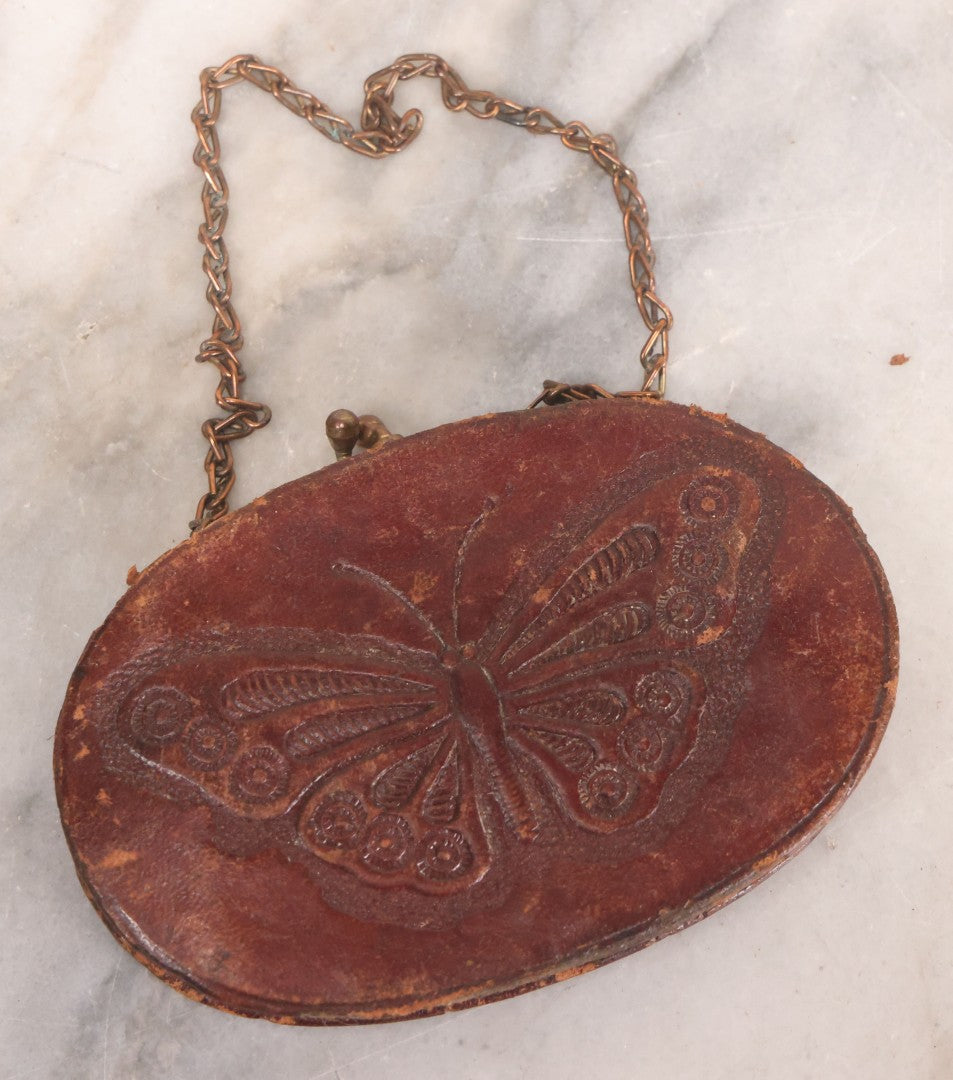 Lot 061 - Vintage Tooled Leather Butterfly Coin Purse With Brass Closure And Chain