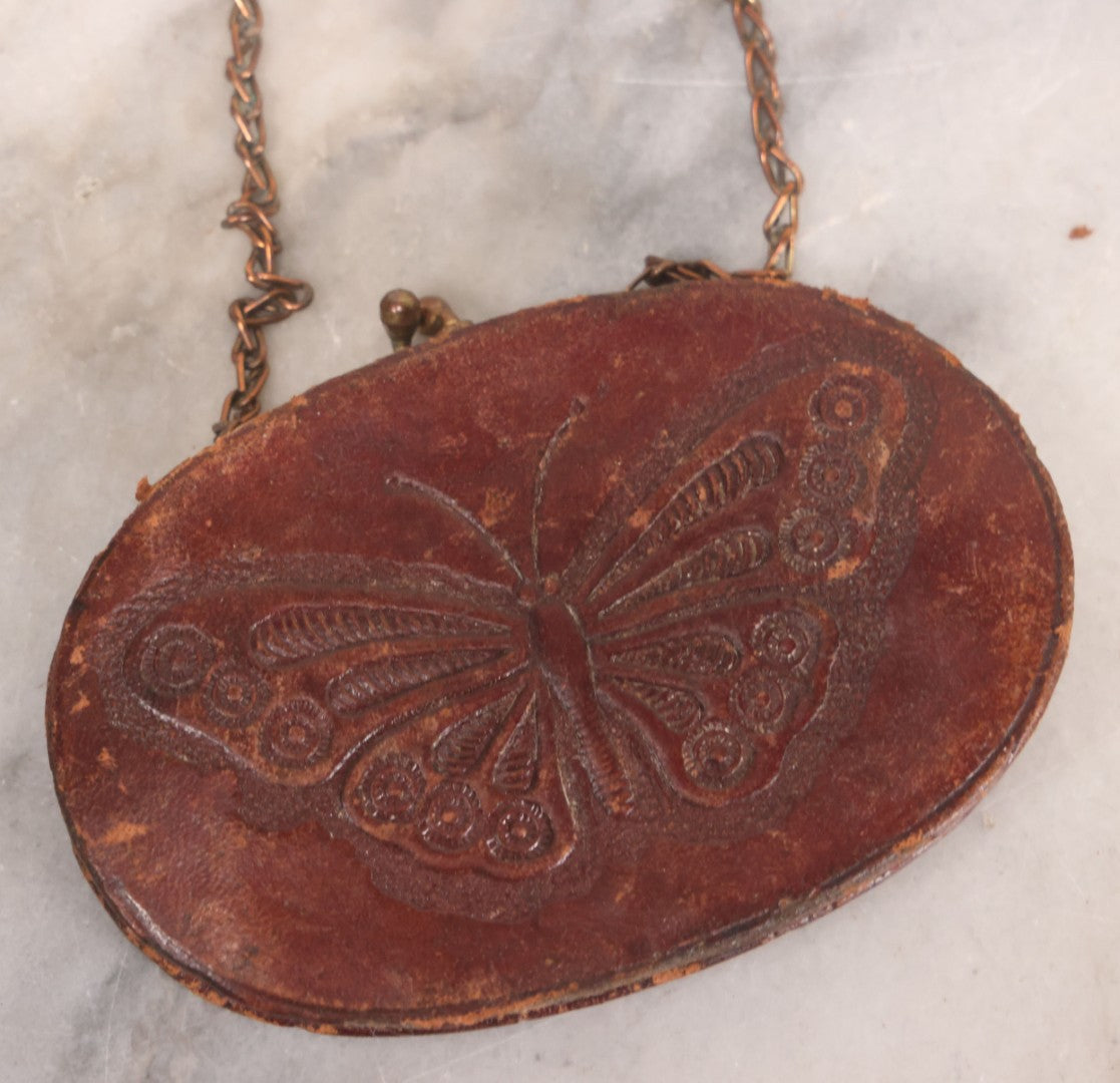Lot 061 - Vintage Tooled Leather Butterfly Coin Purse With Brass Closure And Chain