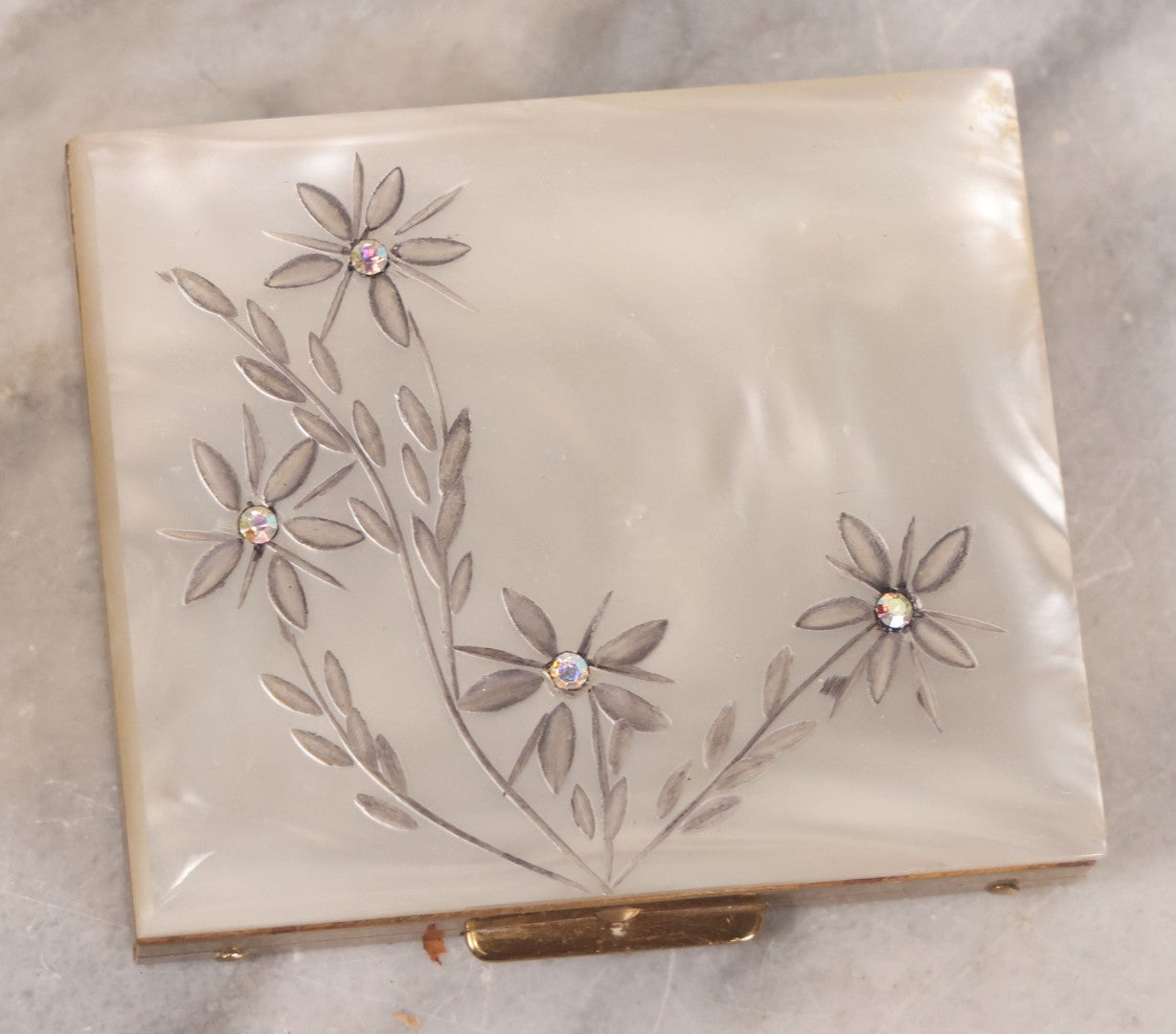 Lot 062 - Vintage S.F. Co., Saks Fifth Avenue Pearlescent Compact With Etched Flowers And Faux Diamonds, Original Powder Pad And Mirror