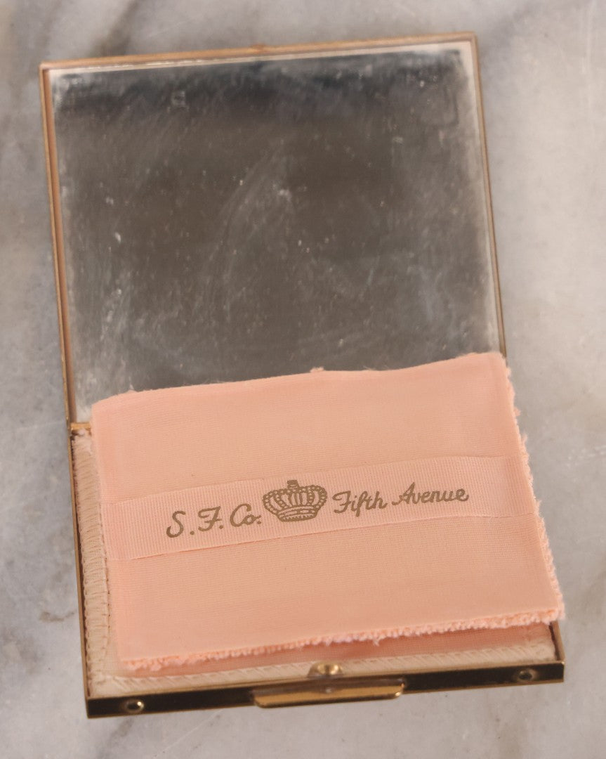 Lot 062 - Vintage S.F. Co., Saks Fifth Avenue Pearlescent Compact With Etched Flowers And Faux Diamonds, Original Powder Pad And Mirror