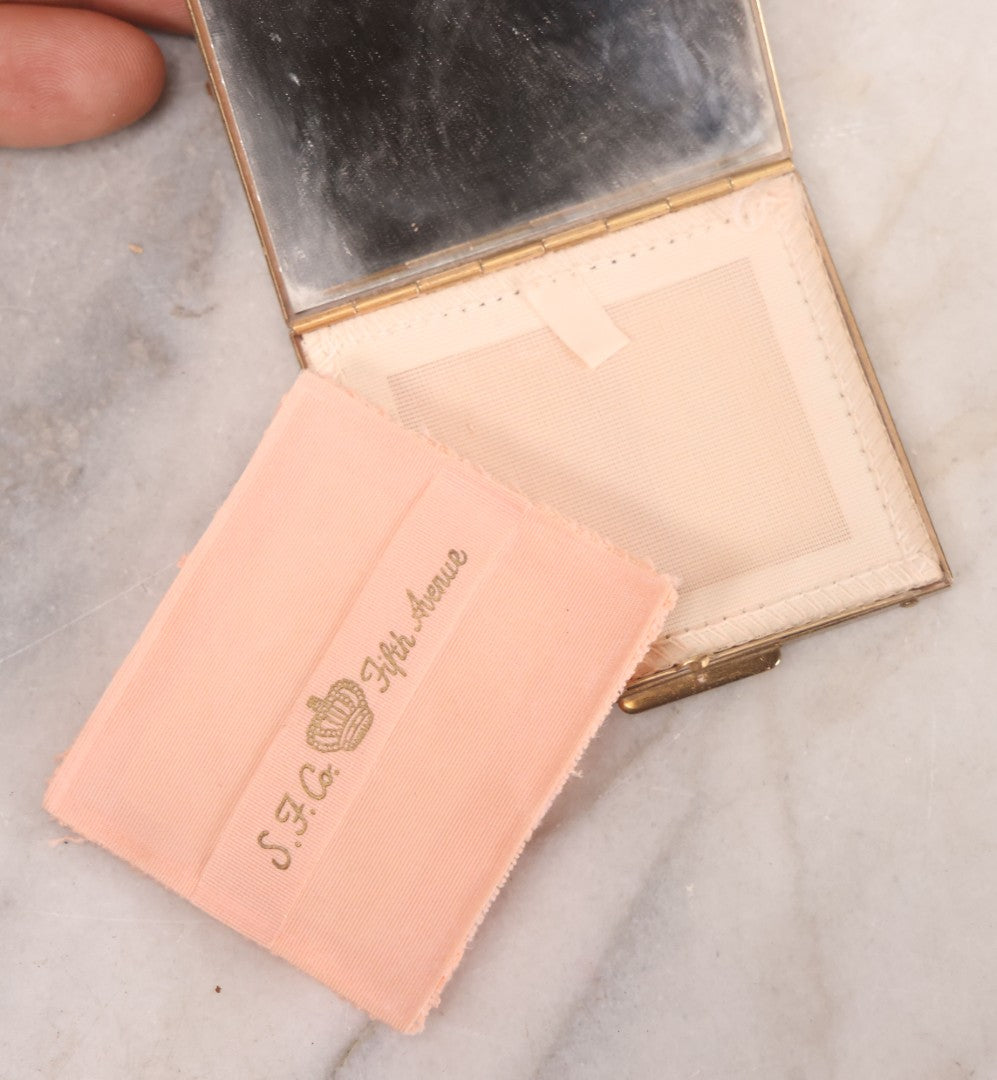 Lot 062 - Vintage S.F. Co., Saks Fifth Avenue Pearlescent Compact With Etched Flowers And Faux Diamonds, Original Powder Pad And Mirror