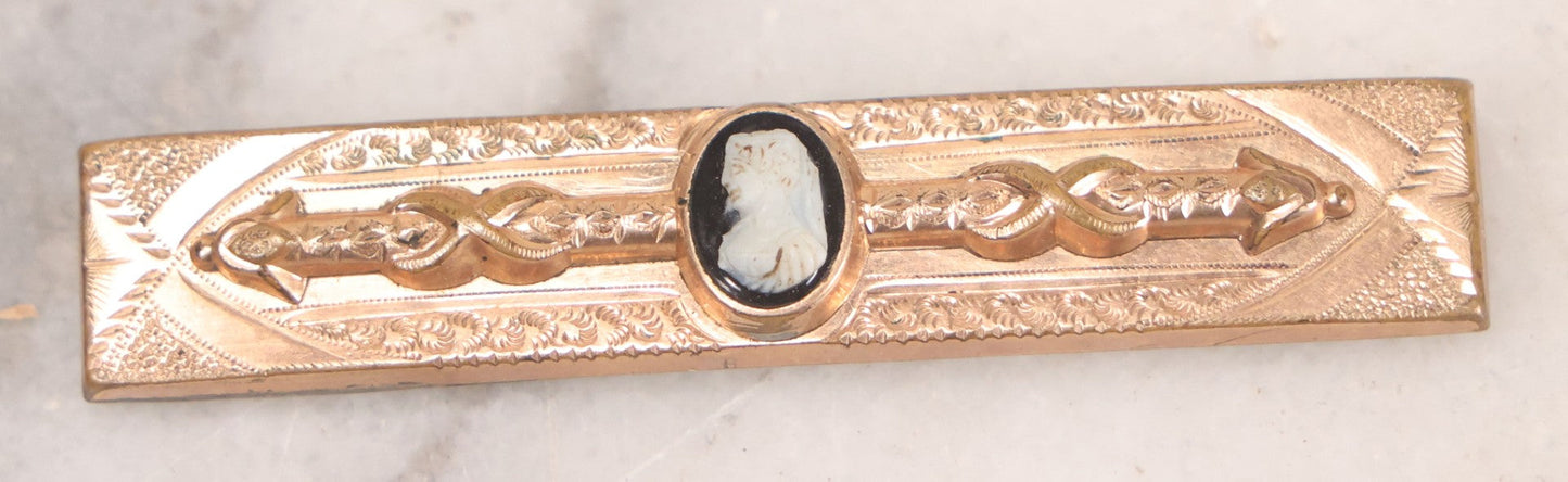 Lot 066 - Antique Victorian Gold Toned Bar Brooch With Black And White Woman Cameo, 2-3/4" L