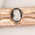 Lot 066 - Antique Victorian Gold Toned Bar Brooch With Black And White Woman Cameo, 2-3/4" L