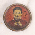 Lot 070 - Antique Painted Tintype Of Woman, Key Ring Souvenir, With Paper Identification In French On Verso, Illegible Due To Paper Loss, 1-1/2" Diameter