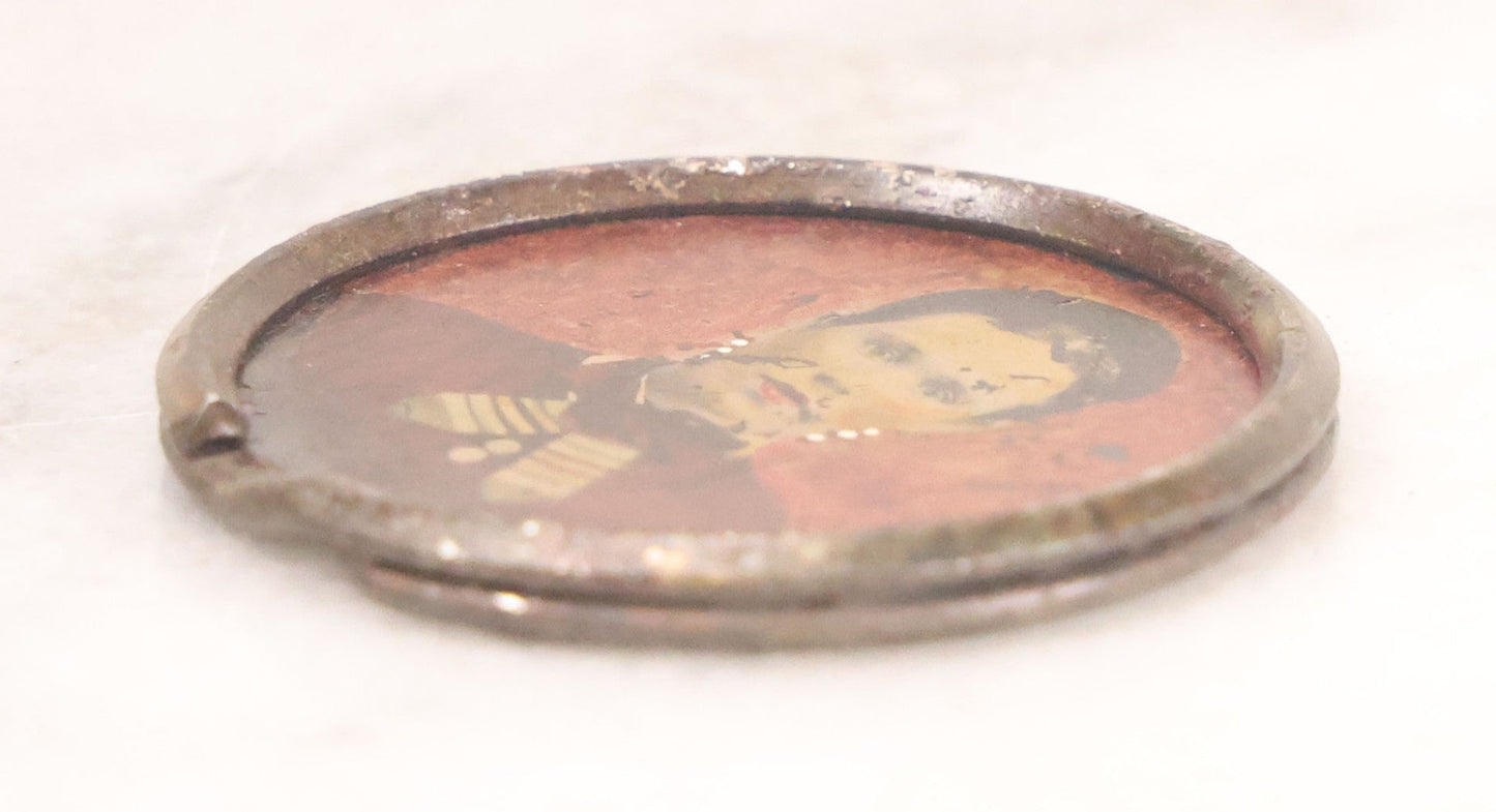 Lot 070 - Antique Painted Tintype Of Woman, Key Ring Souvenir, With Paper Identification In French On Verso, Illegible Due To Paper Loss, 1-1/2" Diameter