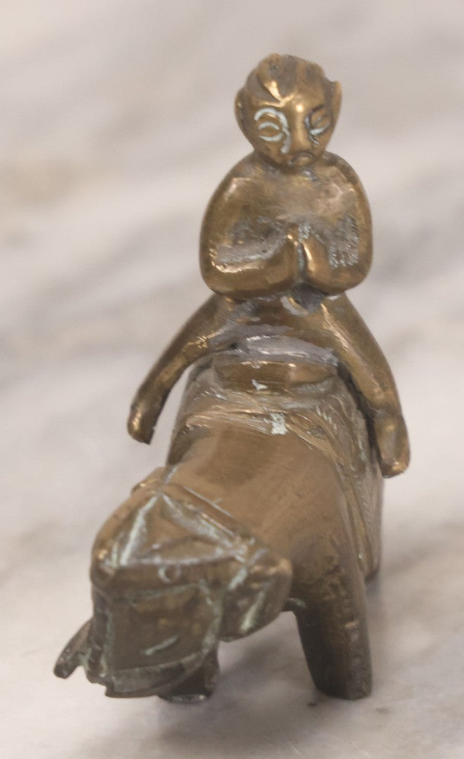 Lot 073 - Vintage Brass Indian Figurine Of Praying Man Riding Elephant, 2-1/8" H