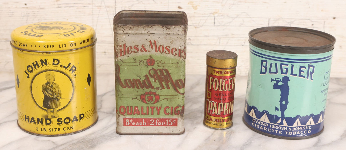 Lot 075 - Four Piece Vintage Tin Grouping Including Bugler Cigarette Tobacco, Niles & Moser's Handmade Quality Cigars, Folger's Paprika, And John D. Jr. Hand Soap