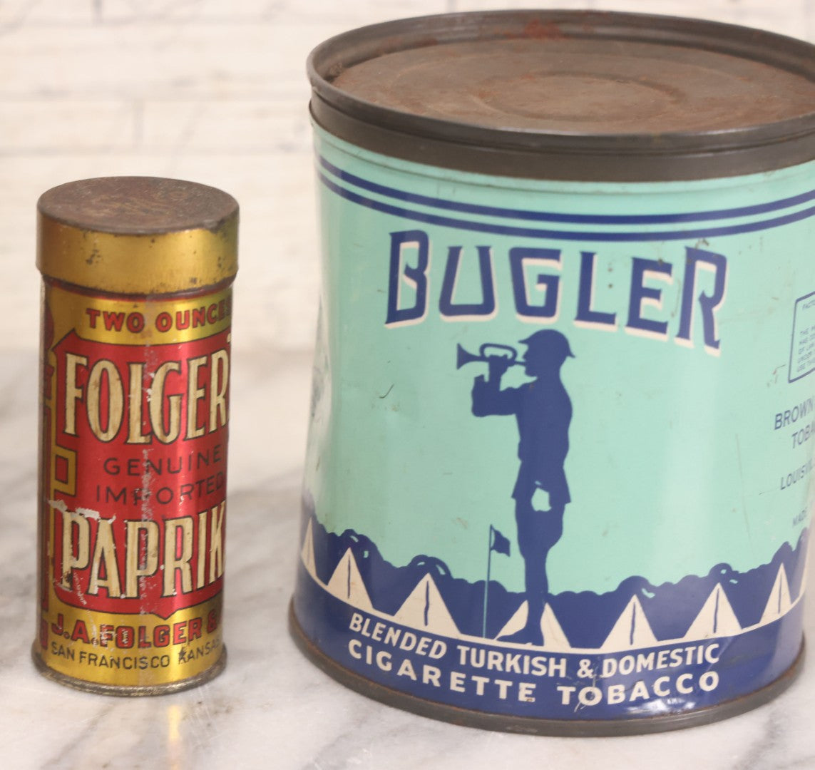 Lot 075 - Four Piece Vintage Tin Grouping Including Bugler Cigarette Tobacco, Niles & Moser's Handmade Quality Cigars, Folger's Paprika, And John D. Jr. Hand Soap