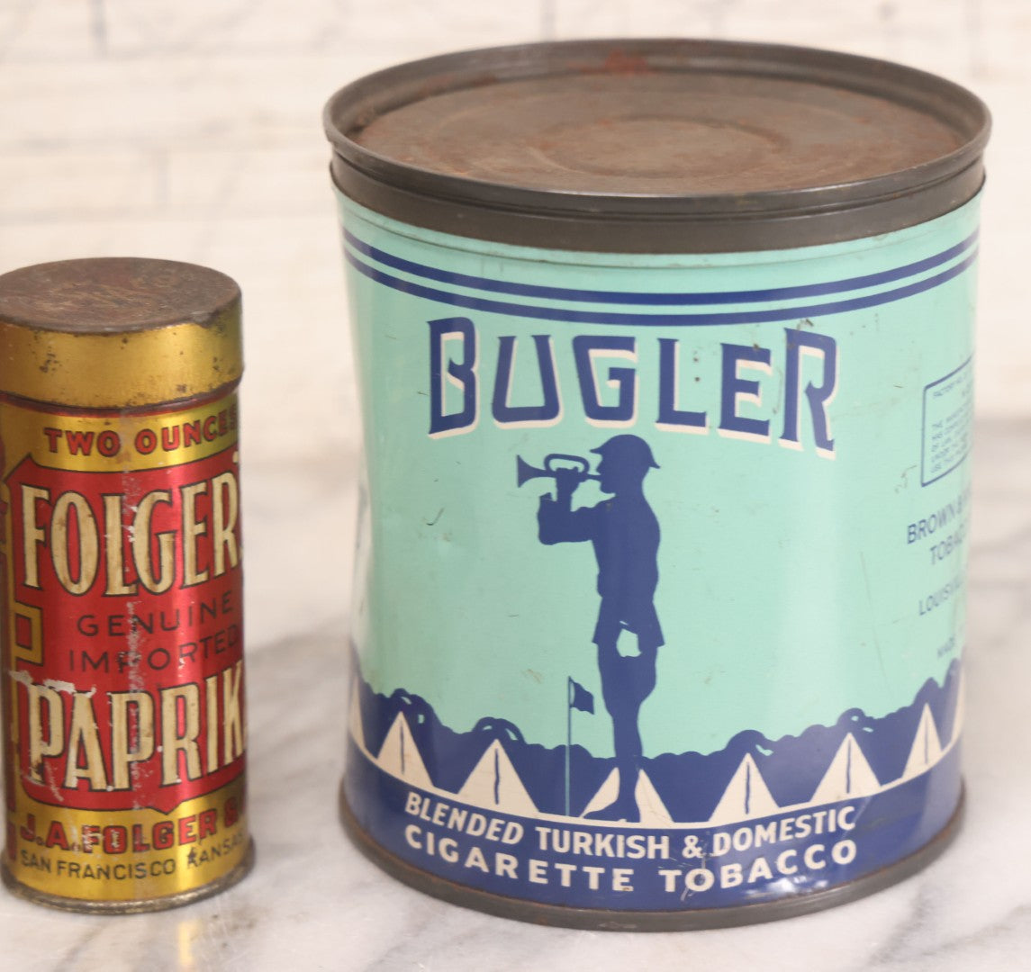 Lot 075 - Four Piece Vintage Tin Grouping Including Bugler Cigarette Tobacco, Niles & Moser's Handmade Quality Cigars, Folger's Paprika, And John D. Jr. Hand Soap