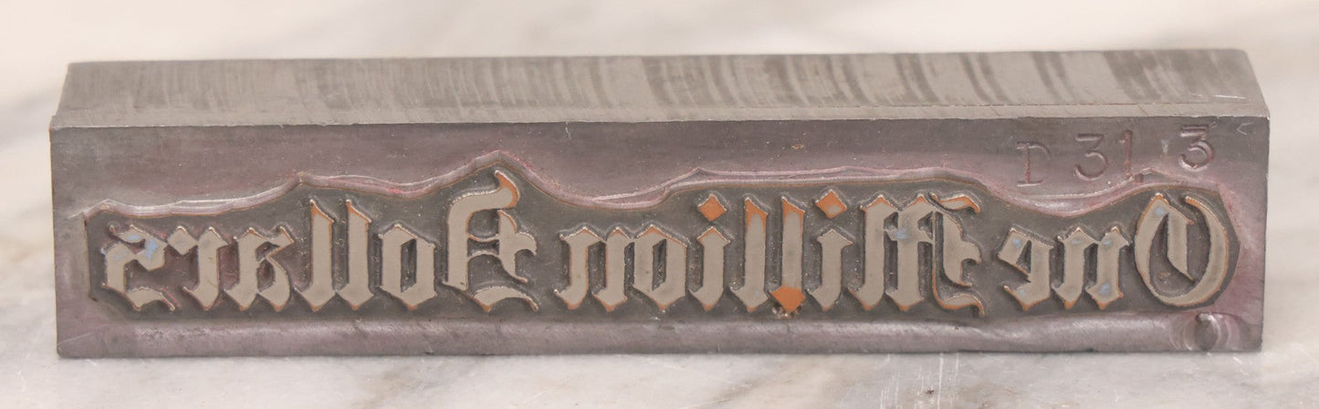 Lot 076 - Vintage Heavy Metal Printing Block For "One Million Dollars"