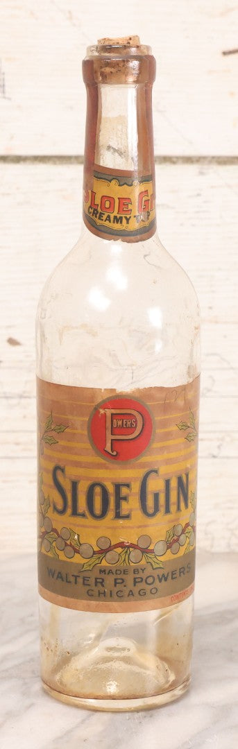 Lot 078 - Vintage Powers Creamy Top Sloe Gin Glass Bottle With Original Paper Label, Made By Walter P. Powers, Chicago, Illinois, 10-3/4" H