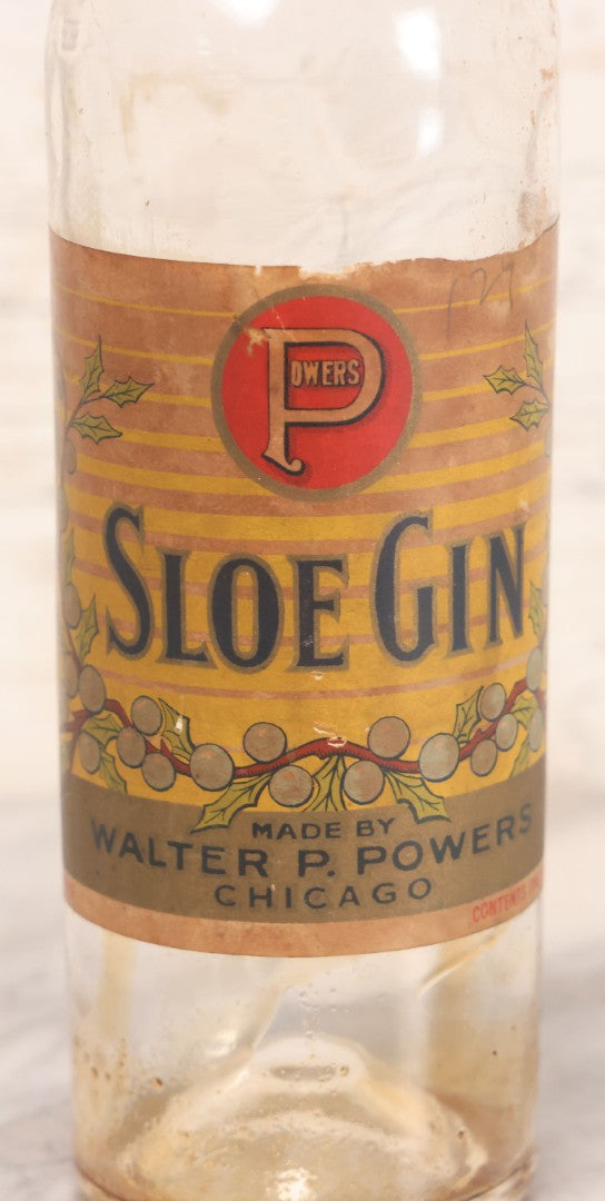 Lot 078 - Vintage Powers Creamy Top Sloe Gin Glass Bottle With Original Paper Label, Made By Walter P. Powers, Chicago, Illinois, 10-3/4" H
