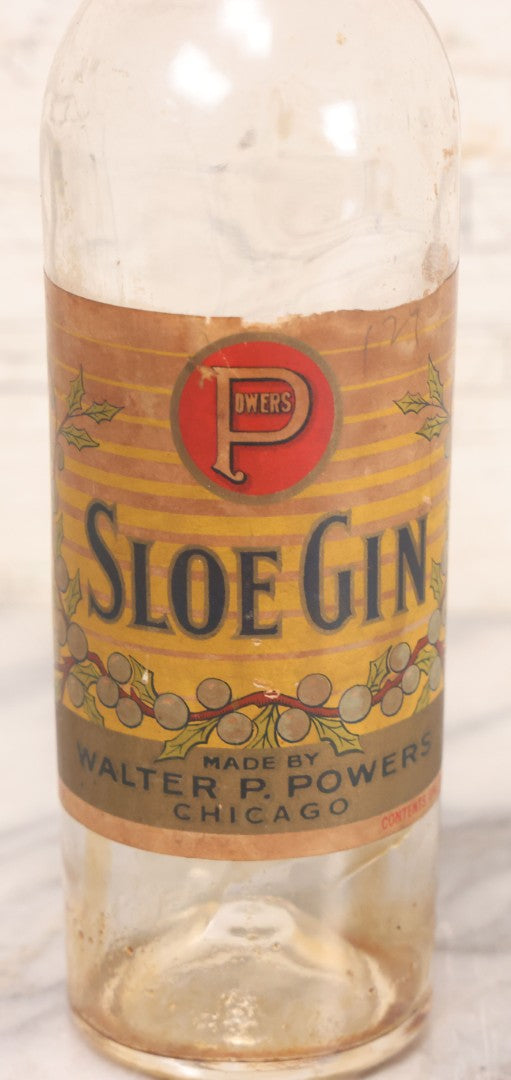 Lot 078 - Vintage Powers Creamy Top Sloe Gin Glass Bottle With Original Paper Label, Made By Walter P. Powers, Chicago, Illinois, 10-3/4" H