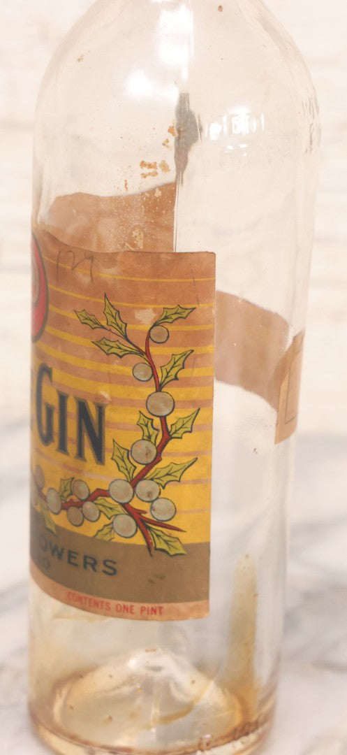 Lot 078 - Vintage Powers Creamy Top Sloe Gin Glass Bottle With Original Paper Label, Made By Walter P. Powers, Chicago, Illinois, 10-3/4" H