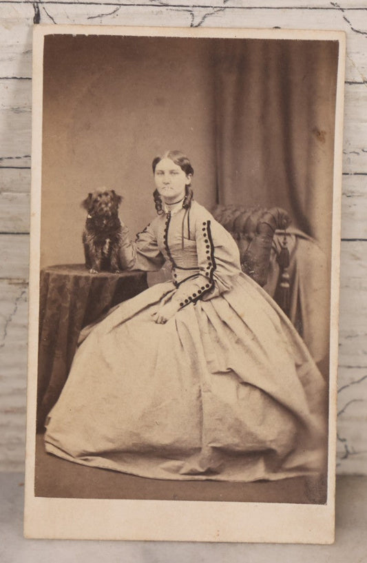 Lot 085 - Antique Carte De Visite C.D.V. Photograph Of Young Woman In Large Dress Posing With Scraggly Little Black Dog, John Moffat, Edinburgh, Scotland