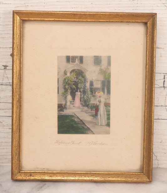Lot 091 - Antique Hand Colored Photograph Of Two Women Outside Home, Titled "Welcome Guest", Photographed By David Davidson, In Frame, 5-1/2" x 6-1/2"