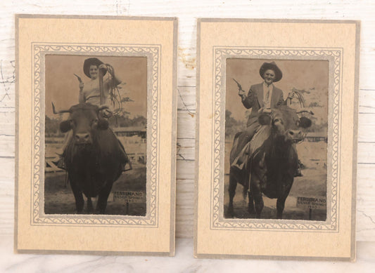 Lot 092 - Pair Of Vintage Souvenir Photographs Of Man And Woman Posing With Revolver, Cowboy Hat, And Lasso, Sitting On Back Of Horned Bull, Souvenir Of Ferdinand Silver Springs, 1940
