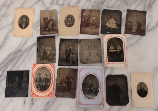 Lot 095 - Grouping Of Sixteen Antique Tintype Photographs Of Men Women And Children Including Two Children In Chairs, Brother And Sister, With Hand Tinting, Young Man Standing With Book, Family Portrait, And More