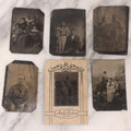 Lot 096 - Grouping Of Six Antique Tintype Photographs Including Souvenir Photo Of Girl On Model Horse, Family Of Five, And Group Photo With Old Man In Bowler Hat With Long White Beard