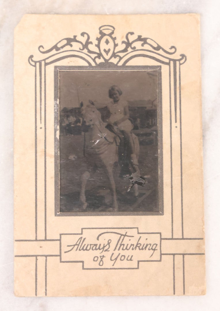 Lot 096 - Grouping Of Six Antique Tintype Photographs Including Souvenir Photo Of Girl On Model Horse, Family Of Five, And Group Photo With Old Man In Bowler Hat With Long White Beard