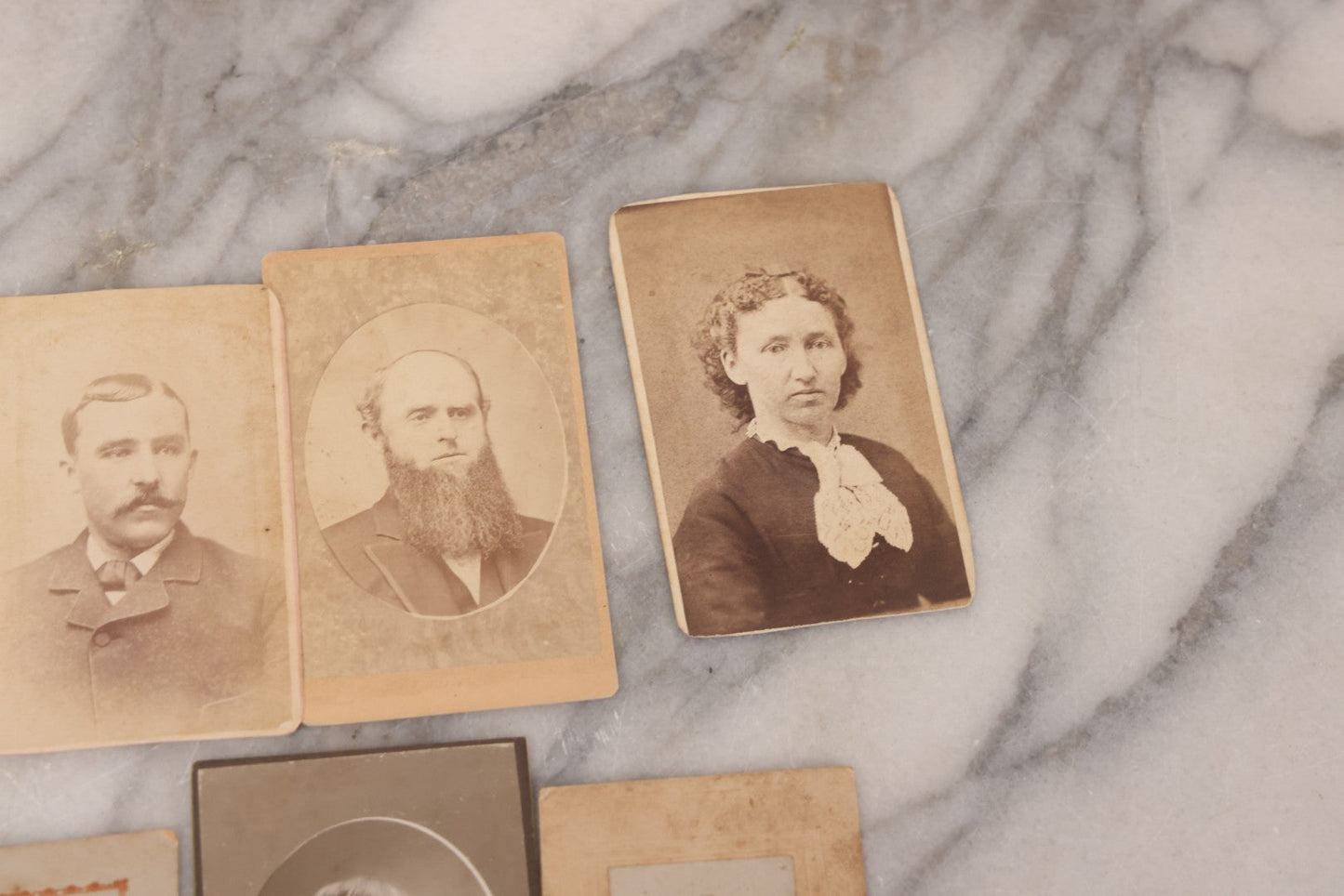 Lot 098 - Grouping Of 19 Antique Carte De Visite C.D.V. Photographs And Other Small Sized Portrait Photographs Including Two Hidden Mothers Of Babies, And Young Man In Navy Uniform