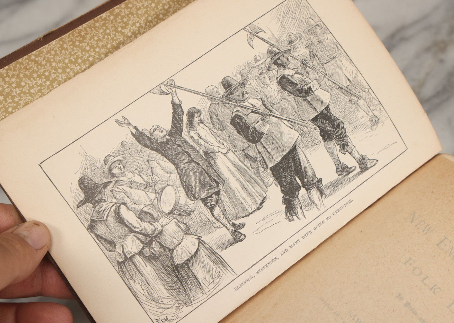 Lot 001 - "New England Legends And Folk Lore In Prose And Poetry" Antique Book By Samuel Adams Drake, Illustrated By F.T. Merrill With Witches On Broomsticks On Cover, Roberts Brothers, Publishers, Boston, 1884, Note Tape On Spine