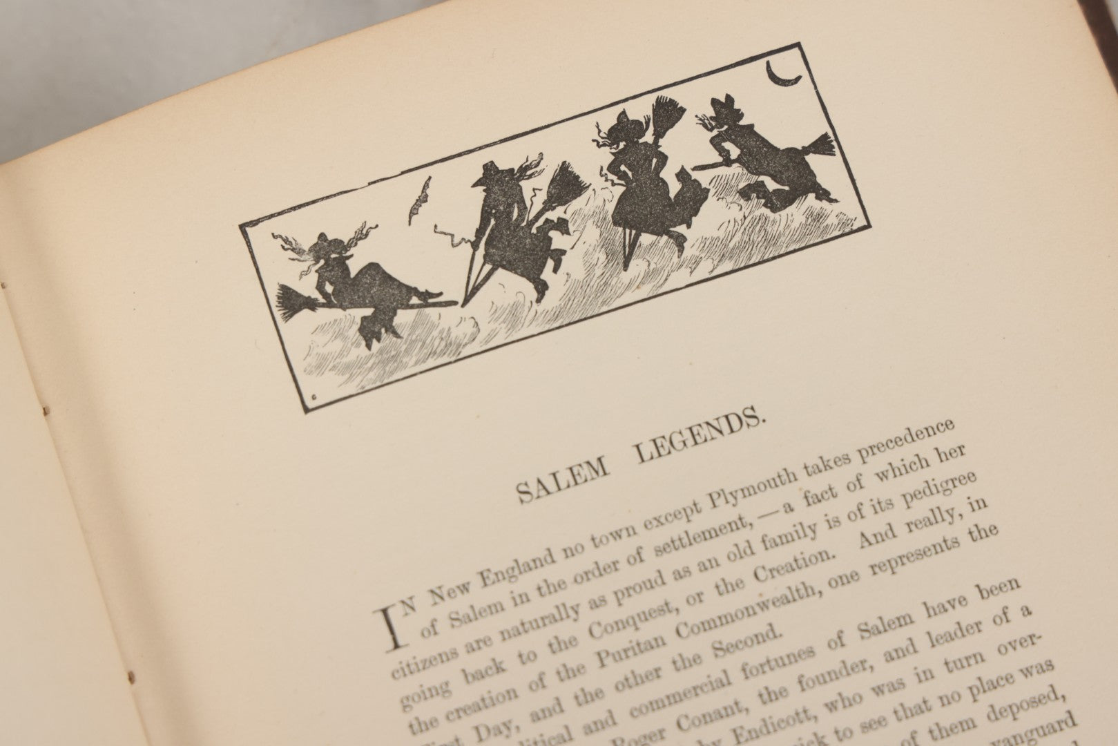 Lot 001 - "New England Legends And Folk Lore In Prose And Poetry" Antique Book By Samuel Adams Drake, Illustrated By F.T. Merrill With Witches On Broomsticks On Cover, Roberts Brothers, Publishers, Boston, 1884, Note Tape On Spine